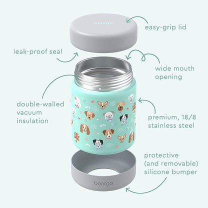 Bentgo Kids Stainless Steel Food Jar - 11oz Leak-Proof Double Insulated Hot or Cold Food Container with Removable Silicone Bumper, Dishwasher Safe, Easy Open Lid, Ages 3+ (Puppy Love)