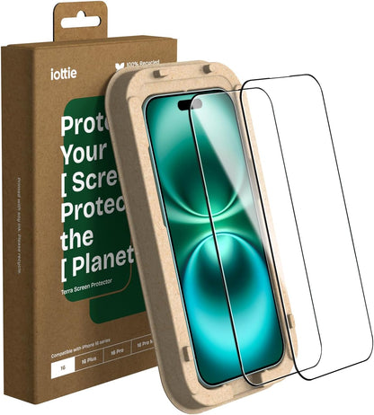iOttie Terra iPhone 16 Tempered Glass Screen Protector Military Grade 9H Hardness Shatterproof Scratch Resistant, Edge to Edge Protection Easy Bubble Free Install, 2 Pack