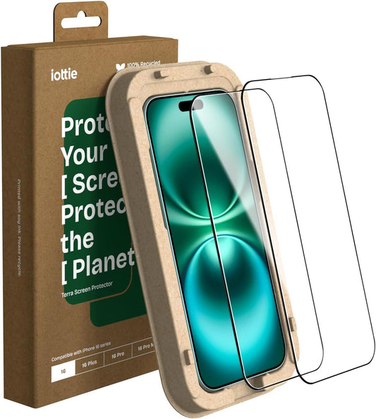 iOttie Terra iPhone 16 Tempered Glass Screen Protector Military Grade 9H Hardness Shatterproof Scratch Resistant, Edge to Edge Protection Easy Bubble Free Install, 2 Pack