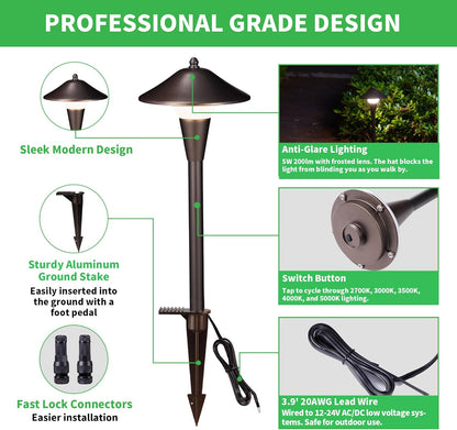 Low Voltage Pathway Lights - 2700K/3000K/3500K/4000K/5000K Selectable Landscape Sidewalk Lighting Wired, 12V Path Light Waterproof, 200lm LED Aluminum Pathlight ORB for Outside Patio Yard