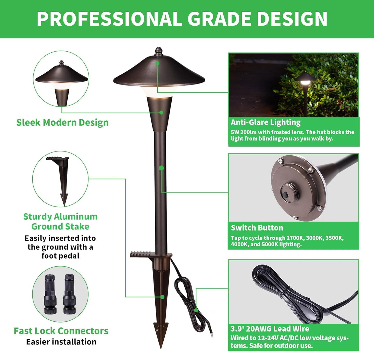 Low Voltage Landscape Sidewalk Lighting - 5 Color Temperature Led Pathway Lights Wired, 12v Walkway Light IP65 Waterproof, Oil Rubbed Bronze Aluminum 5W 200LM for Backyard Garden (4 Pack)
