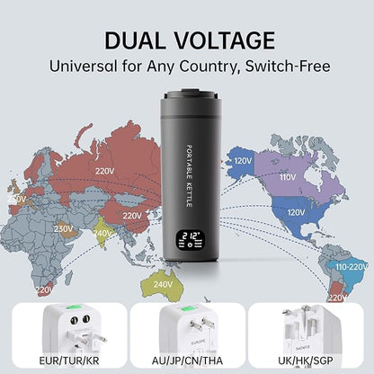 Dual Voltage Portable Electric Kettle Travel Hot Water for Tea, Coffee, 6 Temperature Controls and LCD Display, 316 Stainless Steel and 450ml, Auto Shut Off & Boil Dry Protection