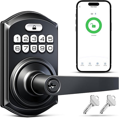 TEEHO TE019 Smart Keyless Entry Door Lock with Handle, App Control, Digital Electronic Keypad, Remote One-Time Code Sharing, Auto Lock & Passage Mode, for Bedroom & Rental, Matte Black