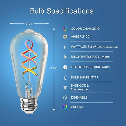Feit Electric Smart ST21 Light Bulb, 60W Eq, Dimmable, Spiral Filament Edison Style. WiFi Enabled, Works with Alexa/Google Home, Millions of Colors, 15,000-Hr. Lifetime, ST2160RGBWFILAG/RP/3, 3 Pack