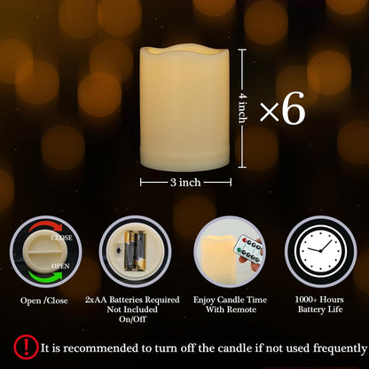 3" x 4" Flameless Candles with Remote and Timer, Waterproof Outdoor Battery Operated Flickering LED Flameless Pillar Candles for Weeding Birthday Decoration, Ivory, Plastic, Set of 6