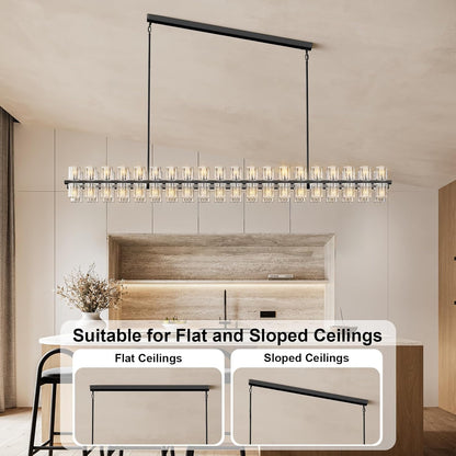 Crystal Black Rectangular Chandelier Light Fixture,72 in Large Dining Room Chandelier Over Table,Modern Chandeliers for Living Room,Arcachon Chandeliers,Kitchen Island,Includes 80xG4 Bulbs