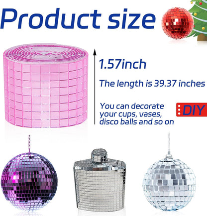 Pink Self-Adhesive Glass Mirror Mosaic Tiles, 5 x 5 mm Square Mirror Tiles, 3200 Pieces Disco Ball Tiles for DIY Craft, 2 Rolls Disco Mirror Tiles for Interior, Art Collage, Card Making, Cups