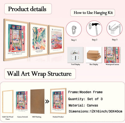 Wooden Framed Matisse Wall Art Set of 3 Abstract Henri Matisse Posters Vintage Flower Market Canvas Prints Open Window Painting Artwork Picture Aesthetic Room Decor for Bedroom Living Room 12x16in