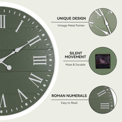Large Wall Clock with Roman Numeral, 35” Shiplap Wall Clock Farmhouse Nearly Non-Ticking, Round Clock for Living Room Decor, Office, Bedroom, Entrance, Green