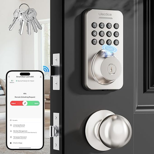 Keyless Entry Door Lock with Handle Set - Built-in WiFi, App Control & Doorbell, Electronic Keypad Deadbolt with One-Time Code, Auto-Locking, Easy to Install, Satin Nickel