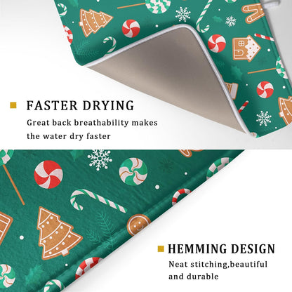 Gingerbread Dish Drying Mat for Kitchen Counter Holiday Green Super Absorbent Reversible Microfiber Kitchen Countertop Protector Dishes Pad Large 18x24 inch