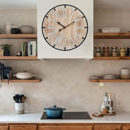 24 Inch Grand Farmhouse Wall Clock, Vintage-Inspired Wood & Metal Design with Large Etched Numbers, Silent Battery-Powered Timepiece for Offices, Kitchens, Bedrooms, and Living Rooms