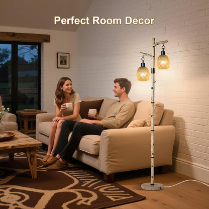Scenekoy Retro 68.5” Tall Floor Lamp With Carving Shade, Farmhouse Resin Standing Lamp & Faux Birch Tree Finish, Dimmable Corner Lamp Stand Up Light with Bulb Prefer for Living Room Bedroom Home Decor