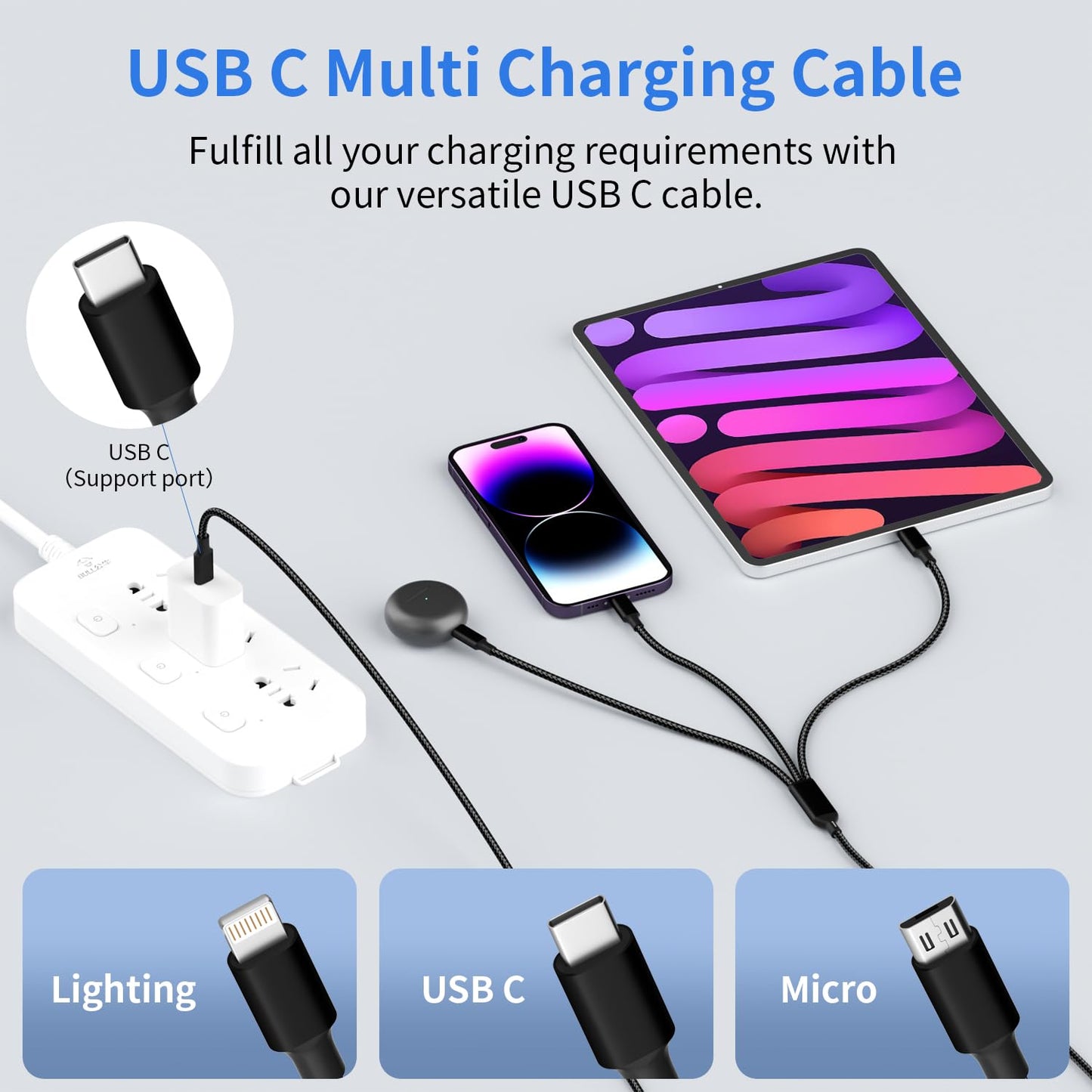Multi USB C Cable [2 Pack, 4FT], 3 in 1 Charging Cable for Multiple Devices, Braided Charging Cords Phone Charger Cable with Type-C, Micro USB, IP Port for iPhone16/15/14/Android Phones and More