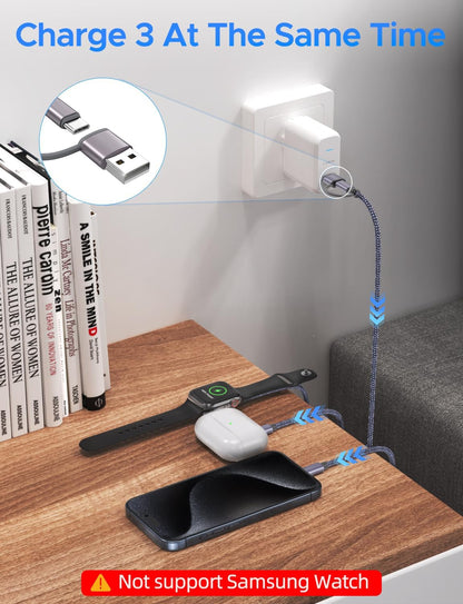 2Pack Upgraded 3 in 2 USB C Cable for Apple Watch Charger iPhone Charger USB C Multi Fast Charging Cable Compatible with iWatch Ultra/SE/10/9/8/7/6/5/4/3/2/1 & iPhone 16/15/14/13/12/11/Galaxy S23-4FT