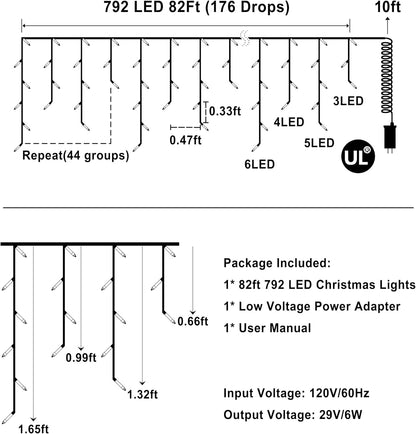 792 LED Christmas Outdoor Lights with 176 Drops, 82ft Hanging Curtain Lights 8 Modes, Christmas Fairy Lighs with Timer & Memory for House Roof Holiday Wedding Christmas Decor Blue & Cool White