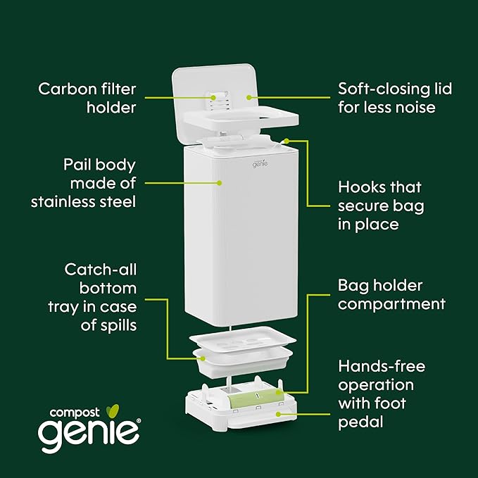 Kitchen Compost Bin, White Stainless-Steel Large, 3.6 Gallon, Indoor Odorless Composting, Hands-Free, Washable Parts, Includes 8 Tear-Off Compostable Bags and 4 Carbon Filters
