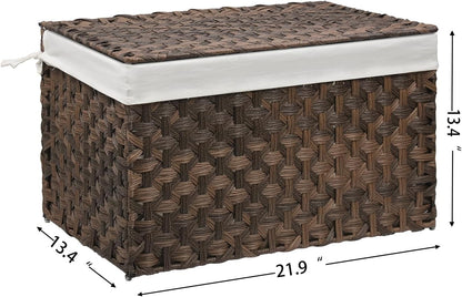 Wicker Storage Basket with Lid, 17.2 Gallon (65L) Small Blanket Basket with Lid, Woven Storage Bin with Handles, Removable Liner, Metal Frame, Foldable, for Bedroom, Laundry Room, Brown