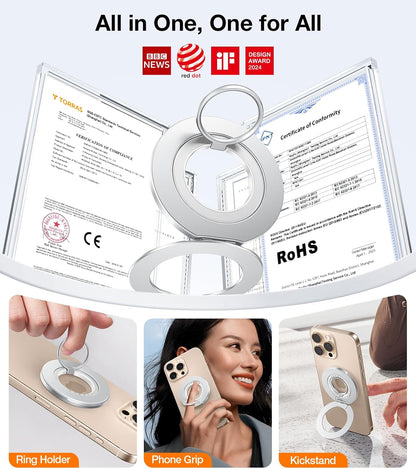 TORRAS 2025 Upgrade [Dual-Ring] Fit for MagSafe Phone Grip Ring Holder [Dual-Ring] Compatible with MagSafe Kickstand Magnetic for iPhone 16/15/14/13/12/11 Samsung, Google Accessories, Silver White
