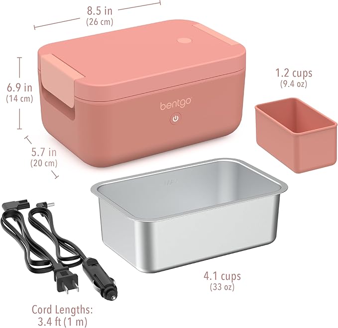 Bentgo Heat - Electric Lunch Box - Portable Food Warmer for Adults, Heated Lunch Box for Work, Travel, School & On the Go, Plug Into Wall or Car, Ideal for Ages 14+, 12V/24V & 120V Cords (Pink Spice)