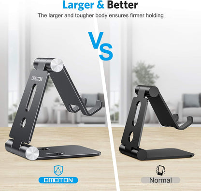 OMOTON Foldable Cell Phone Stand, C4 Portable Aluminum Phone Holder, Adjustable Phone Dock Cradle Compatible with iPhone 13/12/11 Pro Max, Samsung Galaxy, Small Tablets and Other Phones, Black
