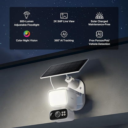 Tapo 2K Outdoor Pan/Tilt Wireless Floodlight Security Camera - Battery Power with Solar, 360º AI Motion Tracking, Person/Vehicle Detection, Subscription-Free Local Storage or Optional Cloud, C615F KIT