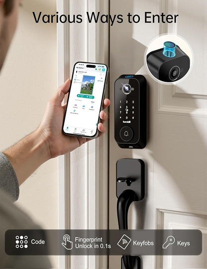 Video Smart Lock with Camera: 4-in-1 Ring+2K Camera+Doorbell+Fingerprint Hornbill Keyless Entry Door Lock, Built-in WiFi Deadbolt(only 2.4G), Two-Way Audio/App Remote Control/PIR, No Monthly Fee