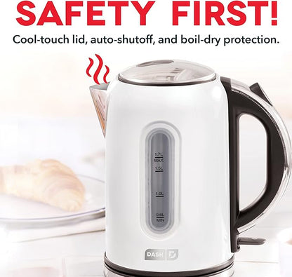 DASH DEK001MW Electric Kettle + Water Heater with Rapid Boil, Cool Touch Handle, Cordless Carafe, No Drip Spout + Auto Shut Off For Coffee, Tea, Espresso & More, 57 oz/ 1.7 L - Matte White
