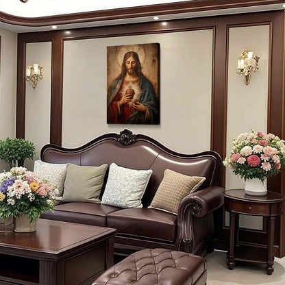 Framed Jesus Sacred Heart Canvas Painting Wall Art Christian Religious Poster Inspirational Bible Art Gallery Style Print for Bedroom Church Home Decor 12X16 Inch Ready to Hang