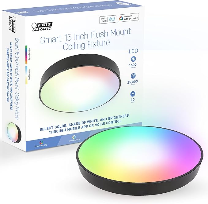 Feit Electric Smart Ceiling Light Fixture, 15" Round Flush Mount, Color Changing, Music Sync, Works with Alexa and Google Home Asst, 30W, 1600 Lumens, Tunable White, 22-Year Lifetime, FM15/RGBW/DIM/AG