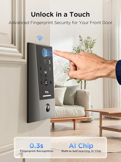 TCL Smart Lock D2 Plus, Fingerprint Door Lock with Keyless Entry Security Electronic Deadbolt for Front Door, Built-in Doorbell, Compatible with Alexa, Auto Lock, Easy Install