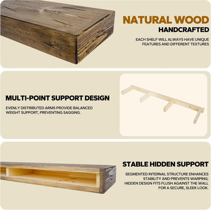 Floating Shelves 3 inch Thick for Wall Set of 2,Solid Pine Wood Wall Mount Shelf for Kitchen Living Room Bedroom Bathroom,8" D x 36" L x 3" H-Distressed Black Walnut