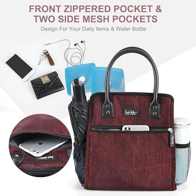 Nicole Miller Insulated Lunch Bag Tote Thermal Soft Side Wide-Open Cooler Ice Bag Lunch Box for Food with Drink Bottle Holder