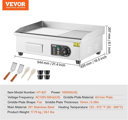 VEVOR Commercial Electric Griddle, 1600W Countertop Half-Flat Top Grill, 22in Stainless Steel Griddle Grill with 2 Shovels and 2 Brushes for Home or Restaurant, 122℉-572℉ Adjustable Temp