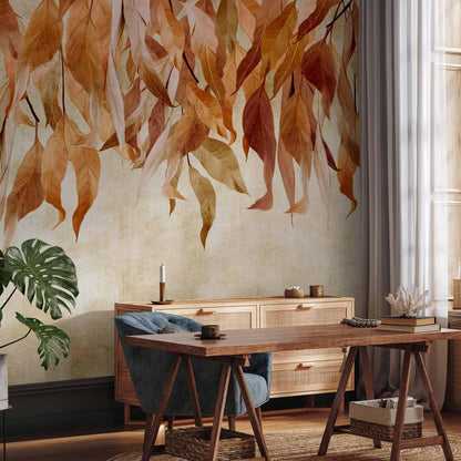 artgeist Premium Wall Mural Hanging Leaves 197x138 in - Non-Woven Wallpaper Fleece Wall Decor Photo Print Picture Image Design Nature Botanical Concrete Orange Beige b-C-10146-a-c