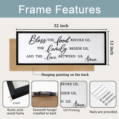 Bless the Food Before Us, the Family Beside Us, and the Love between us Framed Wall Art for Christian God Jesus Christ Prayer, 32''×12'' Positive Holy Religious Rustic Bible Verse for Dining Room