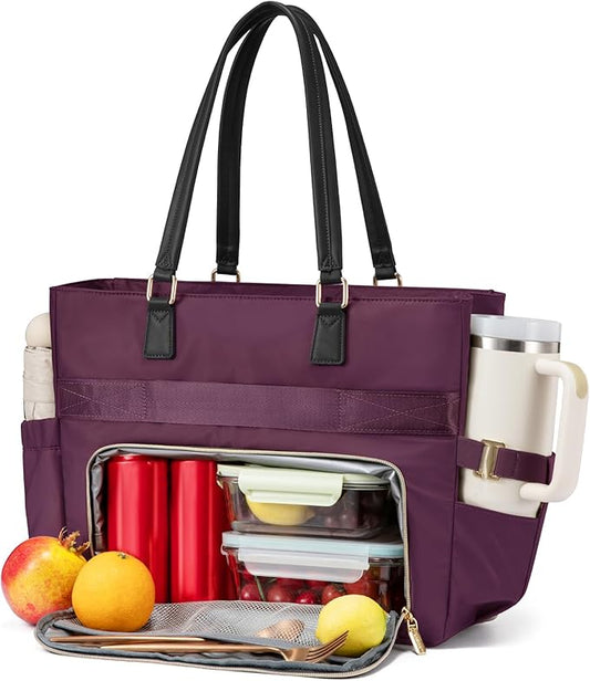 LOVEVOOK Lunch Tote Bag for Women, Work Bag 15.6 Inch Laptop Bag with Insulated Lunch Compartment & Cup Holder Large Capacity Lunch Bag for Teacher, Nurse, Office, Travel, College, Daily