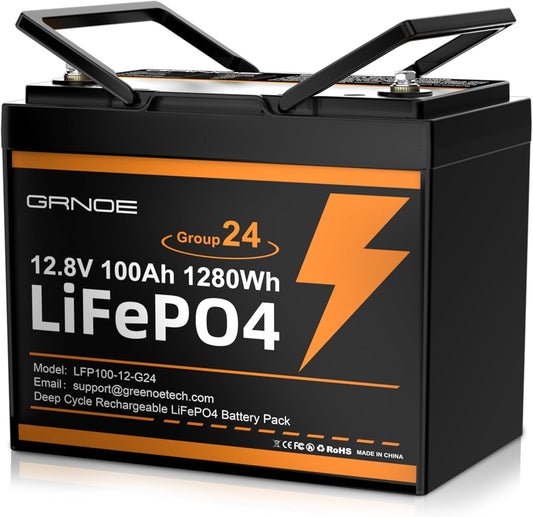 Group 24 LiFePO4 Battery 12V 100Ah, Lightweight 21.9lb Lithium Battery with 100A BMS, 4S4P Expandable, Up to 15,000 Cycles, Ideal for RV, Marine, Solar, Off-Grid, Trolling Motor, DIY Power
