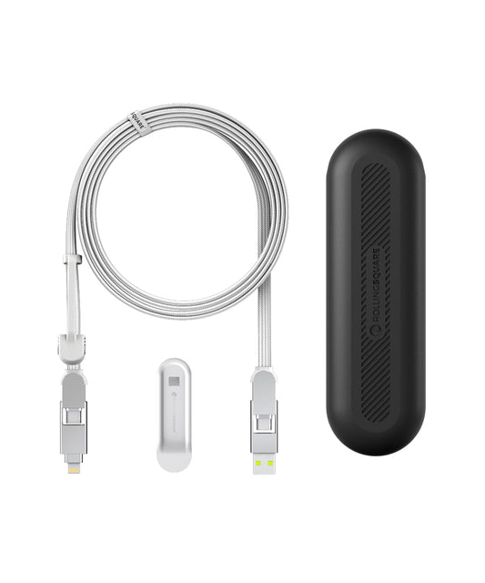 Rolling Square inCharge XL 200 cm - USB-C Cable, Universal Smartphone Cable, Gift for Men, 6-in-1 Universal Charger for Smartphones, Technical Gadget, White, Lightning Cable 100W