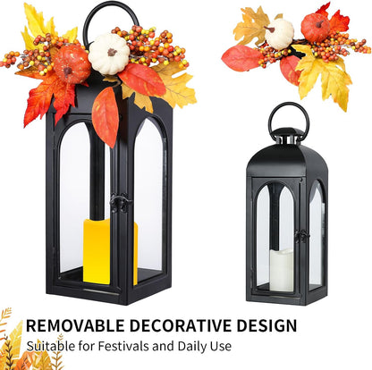 Bdor 2 Pack Fall Lanterns Decor with LED Candle – 16 Inch Harvest Pumpkin Maple Leaf Hanging Lantern for Autumn Thanksgiving Table Centerpiece Indoor Outdoor Decoration, Battery Operated