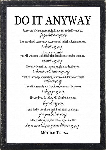 Do It Anyway Mother Teresa Wall Art Decor 16x11 Inch Wooden Framed Wall Hanging Sign (Black)