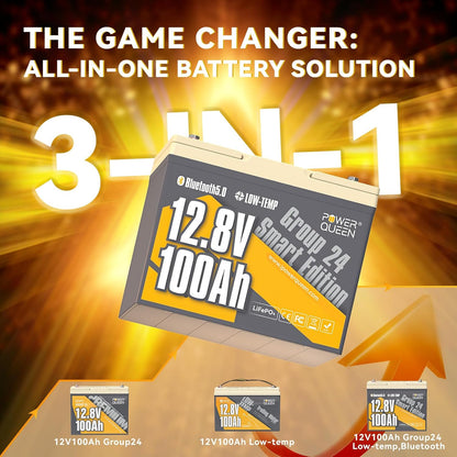 Power Queen Bluetooth 12V 100Ah LiFePO4 Battery with 14.6V20A LiFePO4 Battery Charger, Group 24 Deep Cycle Battery, 100A BMS with Low-Temp Cut-off Protection for RV, Trolling Motors, Solar System