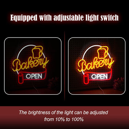 Dimmable Bakery Open Neon Sign USB Open Light Up Sign for Wall Decor Brighter LED Bakery Open Neon Light for Bakery Cake Shop Dessert House Business Decor(12.8 * 12.8 In)