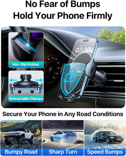 YRU Car Phone Holder [2025 Upgraded Metal Hook Clip], Phone Holders for Your Car [No Fear of Bumps] Air Vent Cellphone Mount Widely Compatible with iPhone16 15 14 13 12 Samsung Android, Black