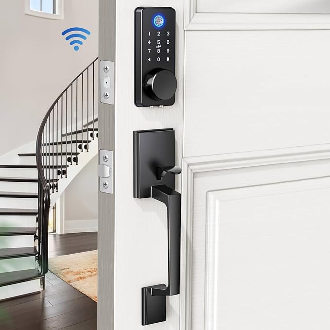 WiFi Front Door Lock Set - Fingerprint Smart Locks Handle Set Keyless Entry APP Smart Control with 2 Lever Handles Auto Lock Electronic Keypad Deadbolt for House Apartment
