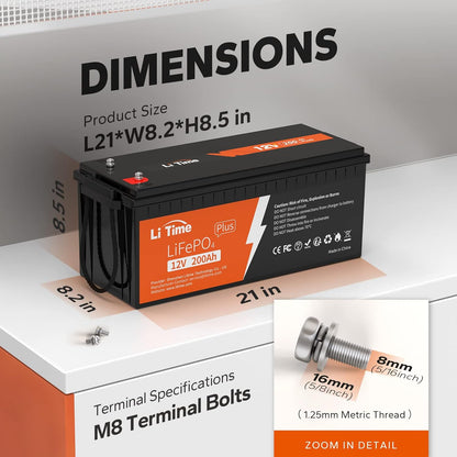 Litime 12V 200Ah Plus Lithium LiFePO4 Battery, Built-in 200A BMS, 4000+ Deep Cycles, Max 2560W Power Output, FCC&UL Certificates, 10-Year Lifetime, Perfect for RV, Solar, Marine, Off-Grid, etc.