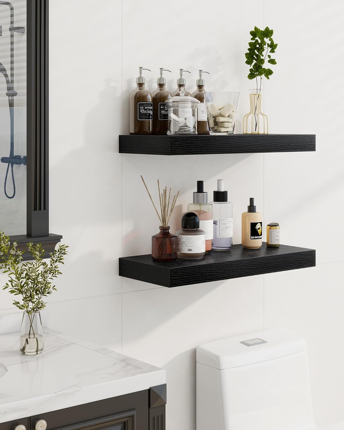 Marsmiles 31.5" Floating Shelves for Wall, Wooden Shelves with Invisible Brackets Set of 2, Rustic Farmhouse Wall Mounted Shelf for Kitchen Bathroom Living Room Study, Black