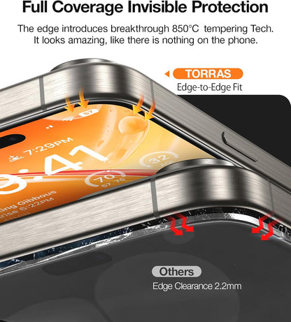 TORRAS 12 FT Military-Grade Shatterproof for iPhone 15 Pro Max Screen Protector [9H+ Aerospace Tempered Glass＆ One-Step Installation] Full Coverage Fit Bubble Free Top-Notch Protection, 2 Pack