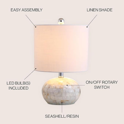 JONATHAN Y 16" Coastal Capiz Shell Mosaic Table Lamp for Bedroom Living Room, White Linen Shade, Transitional Cottage Nightstand Lamp, UL Listed, LED Bulb Included JYL1022A
