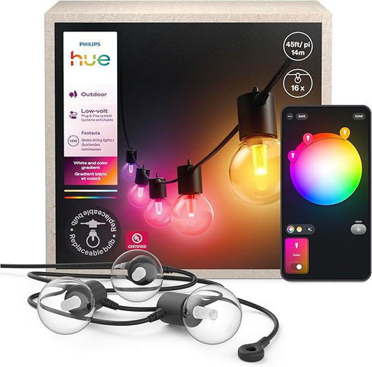 Philips Hue Festavia Globe Outdoor String Lights, White & Color Ambiance, 45ft,16 Bulbs, Dimmable, Control with Hue App or Voice, Bridge Required